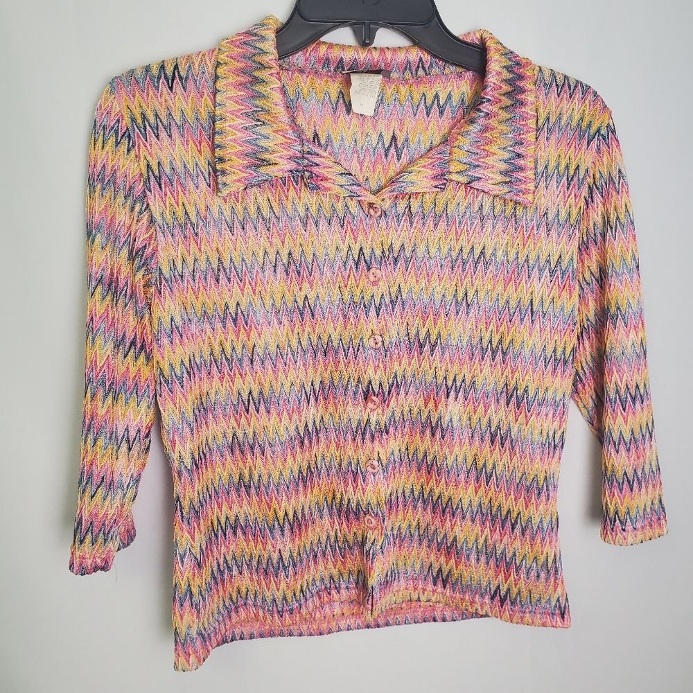 Vintage Zigzag Knit Colorful Button-Up Top Size Medium